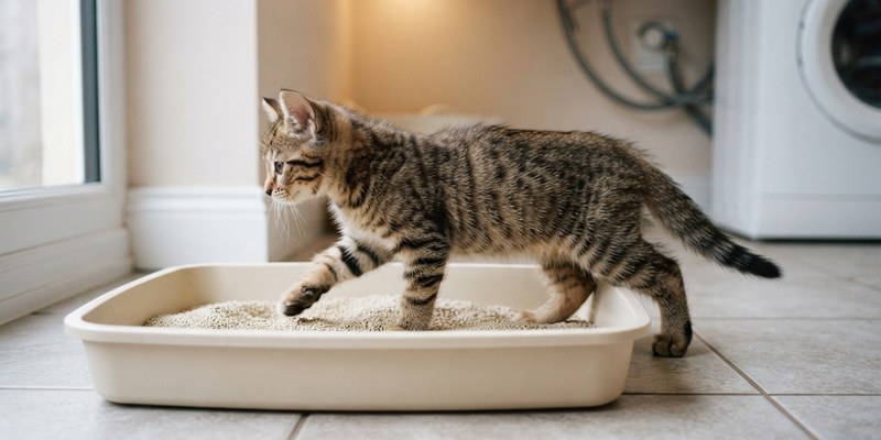 kitten stepping into litter