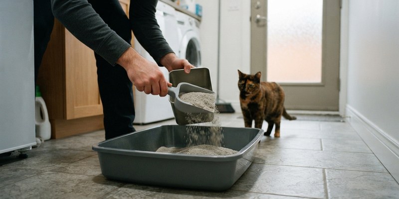hands scooping litter box