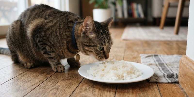 tabby cat sniffing rice