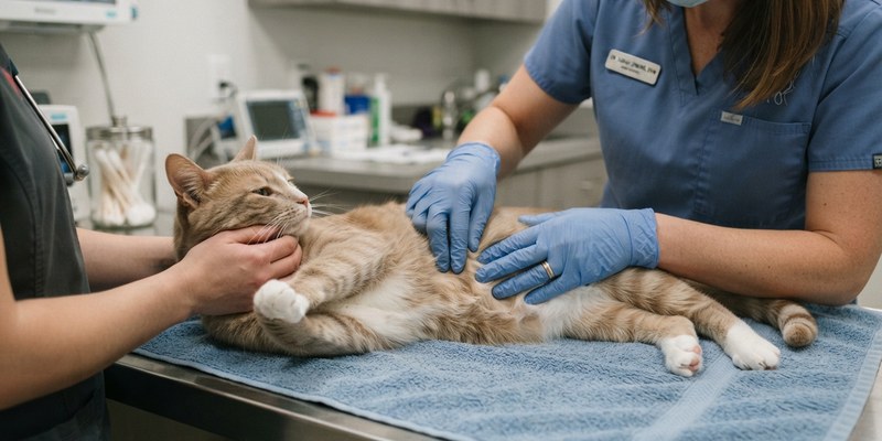gloved hands touching cat
