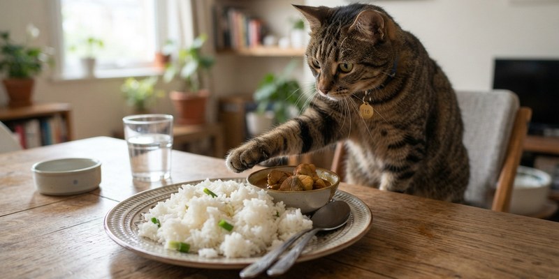 cat reaching for rice
