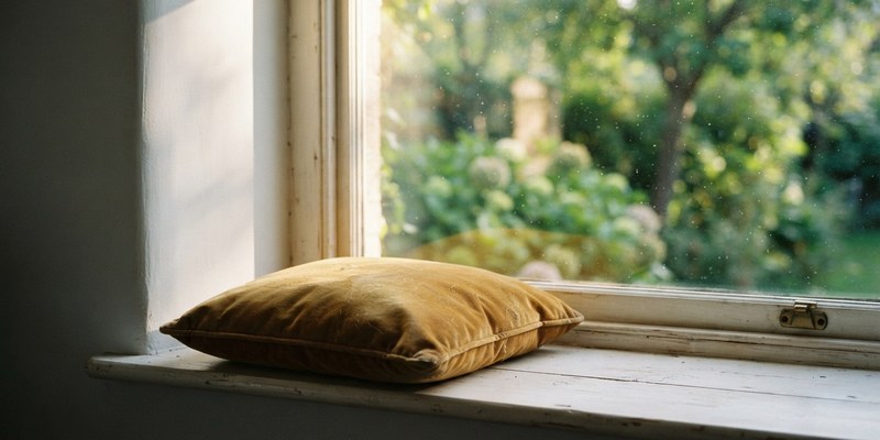 sunlit cushion on wooden