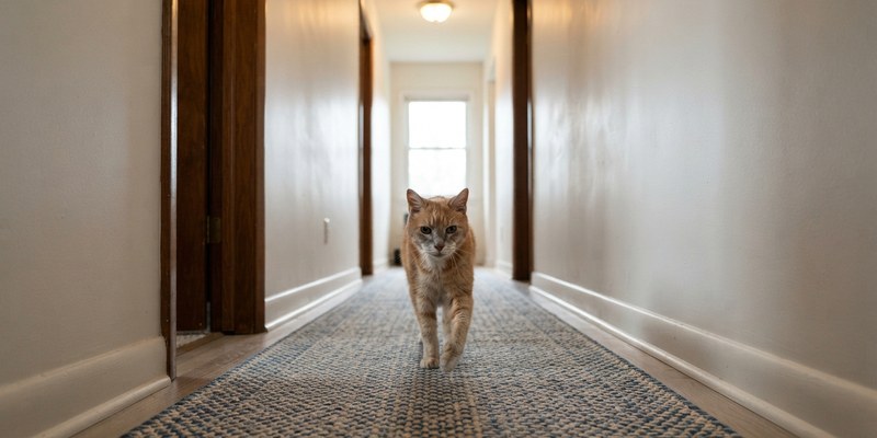 cat walking down hallway