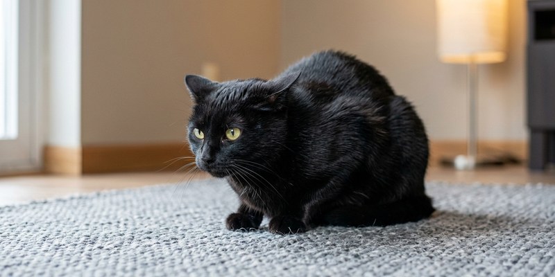 Gato negro agazapado en una alfombra con las orejas aplastadas hacia atrás