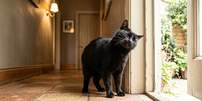 Gato negro sacudiendo la cabeza junto a una puerta iluminada con los bigotes movidos
