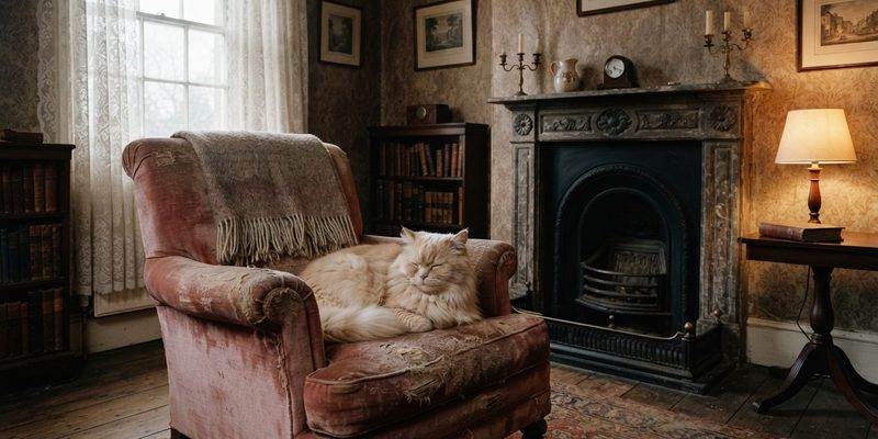 cream longhaired cat armchair