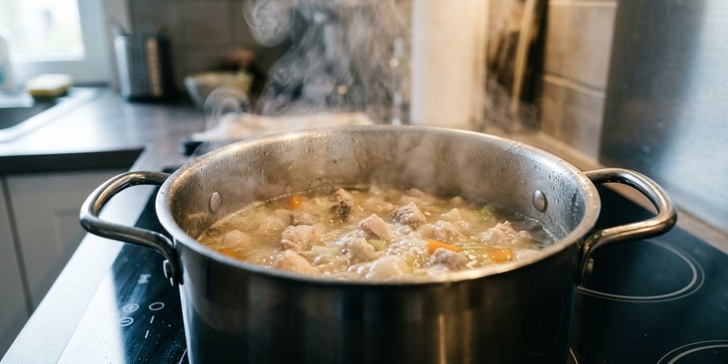 Olla de acero con caldo hirviendo a fuego lento y trozos de carne clara subiendo