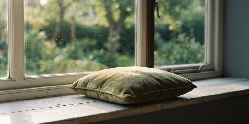 sunlit cushion on wooden