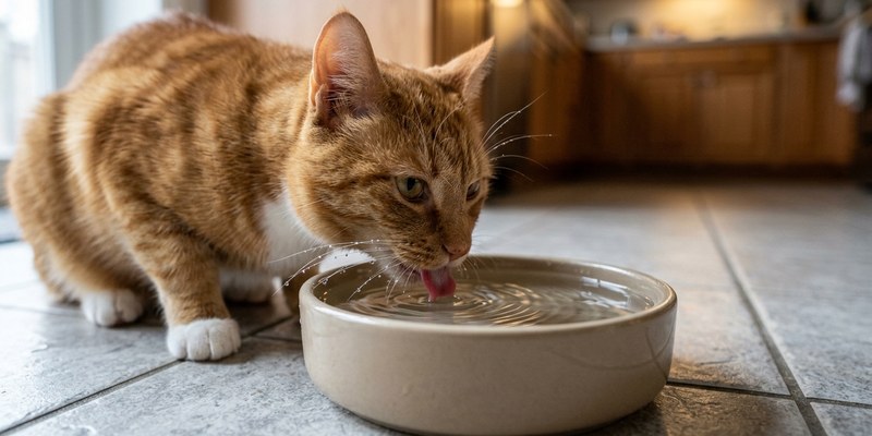 Gato bebiendo de un cuenco ancho de agua con la lengua tocando la superficie
