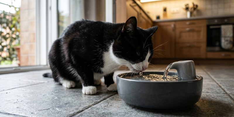 Gato blanco y negro bebiendo de una fuente de agua con una gota en la barbilla