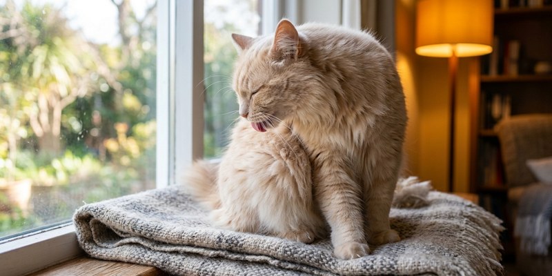 Gato crema de pelo largo acicalándose el hombro sobre una manta junto a la ventana