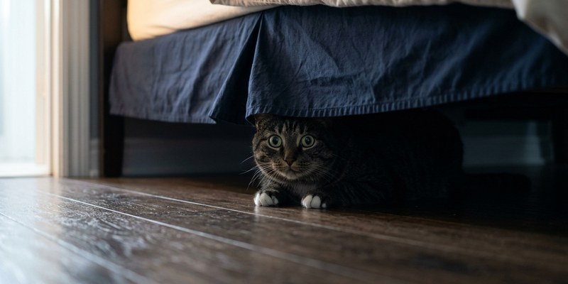cat hiding under bed