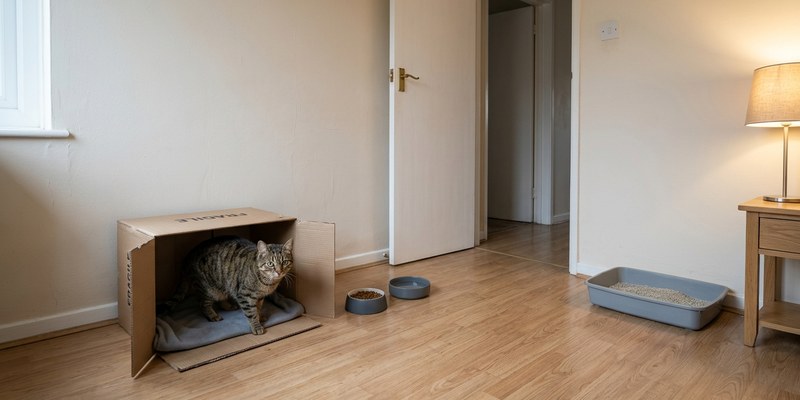 Gato recién llegado solo en una habitación con comedero, bebedero, arenero y una caja de cartón