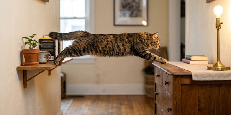 Gato en pleno salto entre una balda de la pared y lo alto de una cómoda