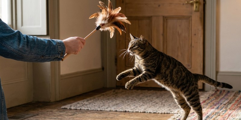 Un brazo sostiene un juguete de plumas mientras un gato salta para atraparlo