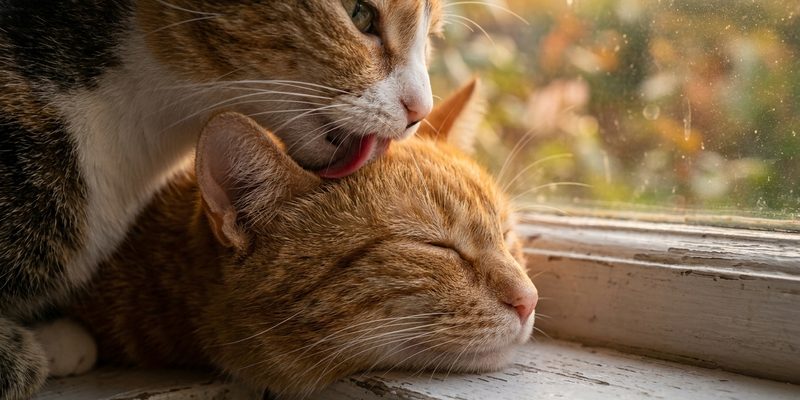 Gato lamiendo la cabeza de otro mientras ambos descansan juntos en el alféizar de una ventana