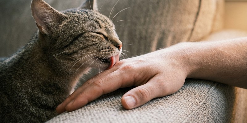 cat licking human hand