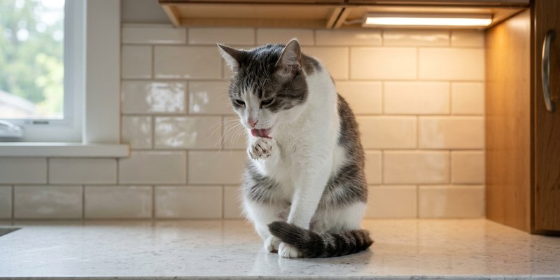Gato blanco y gris sentado en una encimera limpia lamiéndose una pata delantera