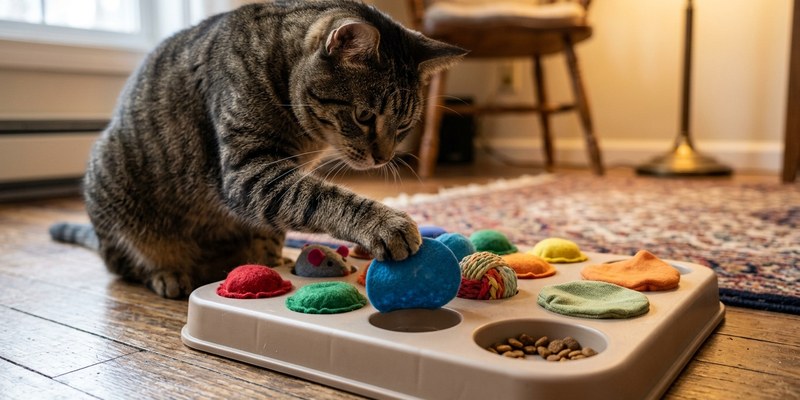 Gato atigrado levantando con la pata un juguete de tela que tapa un hueco del comedero