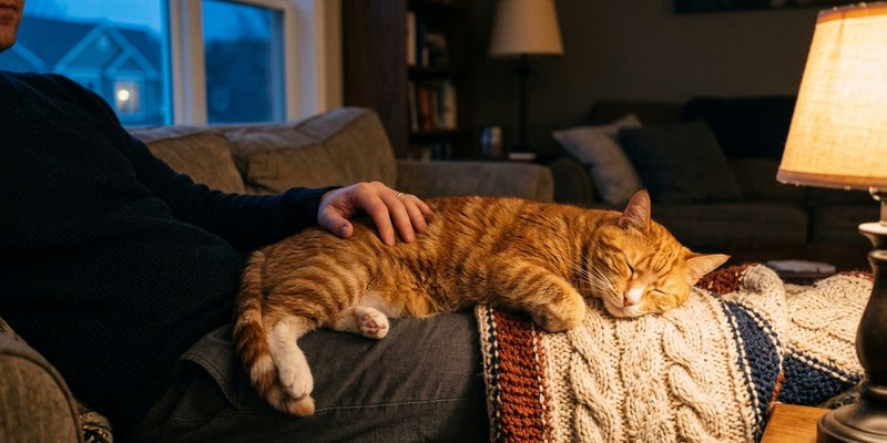 Gato dormido estirado en el regazo de una persona con una mano apoyada en su hombro