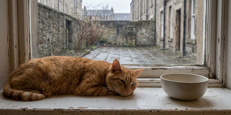 Gato sano sentado en un alféizar soleado mirando al exterior con la cola recogida