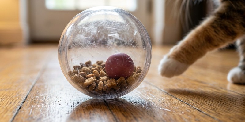 Pelota pequeña de goma dentro de un dispensador transparente con pienso y una pata acercándose