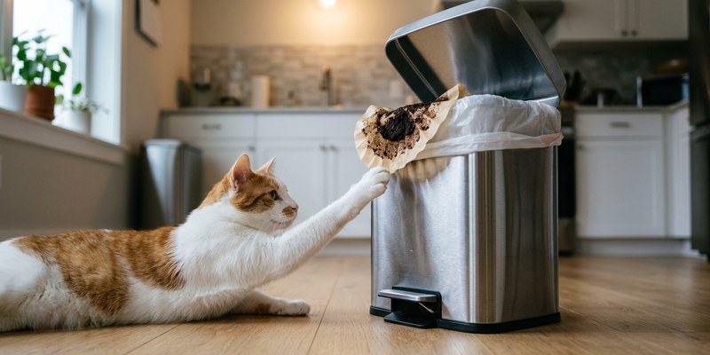 Cocina ordenada con tarros de café cerrados en un estante alto y un gato naranja sentado