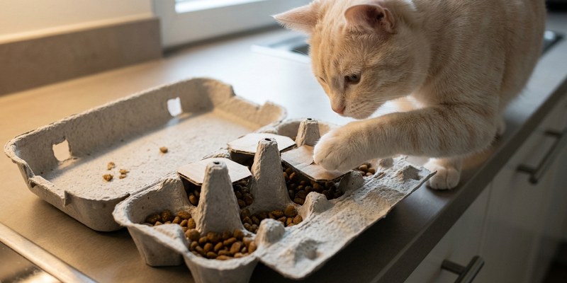 Huevera de cartón usada como comedero puzle con un gato crema levantando una pata