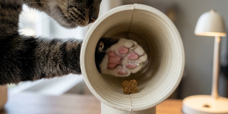 Pata de gato entrando en el tubo estrecho de un comedero de actividad para sacar pienso