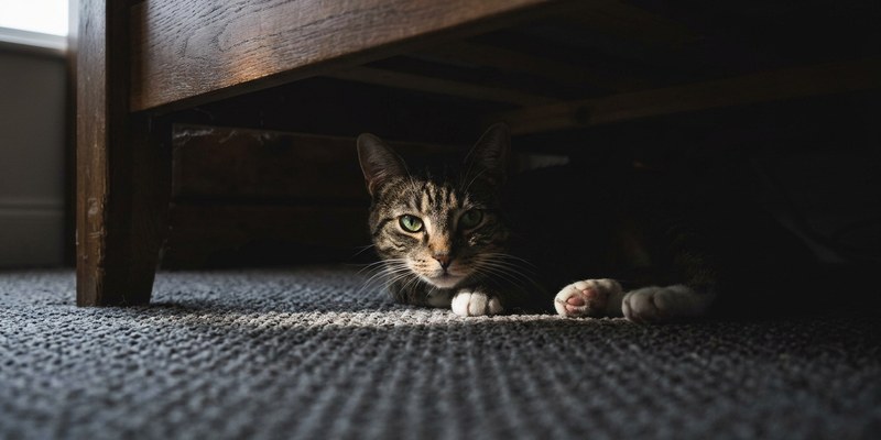 Gato escondido bajo la cama con solo la cara y las patas delanteras iluminadas
