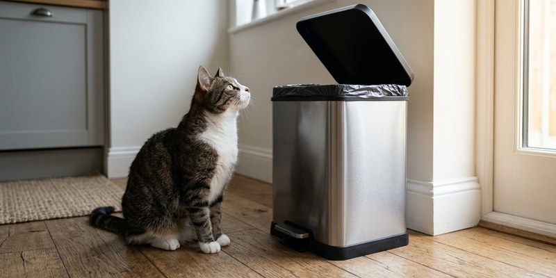 Cubo de basura con la tapa entreabierta y un gato sentado al lado mirando arriba