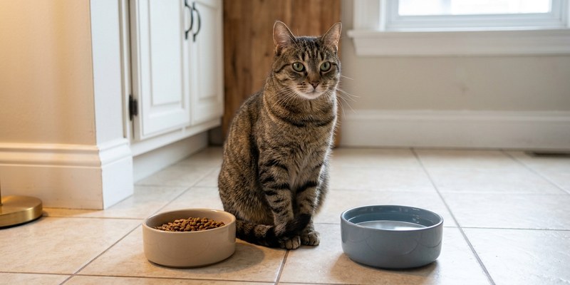 Gato adulto sano sentado entre su cuenco de comida y otro lleno de agua