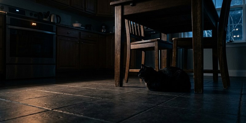 Silueta de un gato en una cocina a oscuras junto a las patas de la mesa