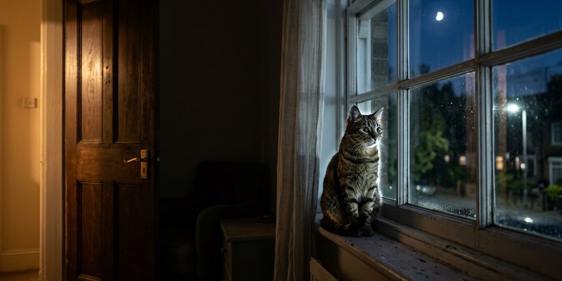 Gato despierto sentado en el alféizar de una ventana de noche con la habitación a oscuras