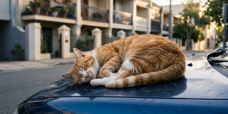 Gato rechoncho durmiendo hecho un ovillo sobre el capó de un coche aparcado