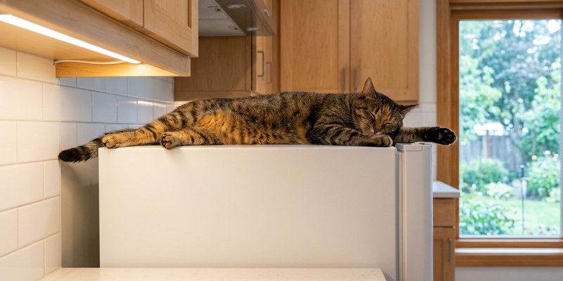 Gato durmiendo estirado encima de la nevera en una cocina ordenada