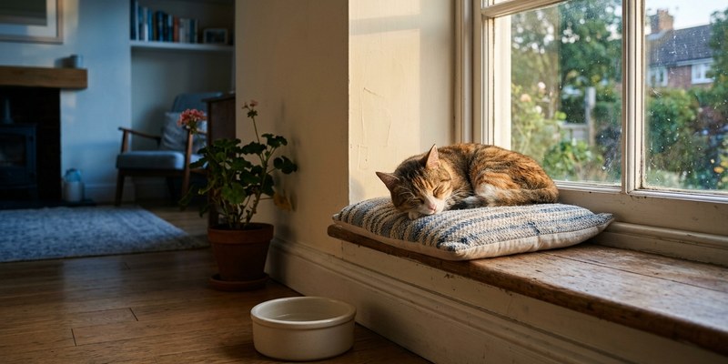 Gato dormido en un cojín del alféizar al atardecer con un cuenco vacío en el suelo