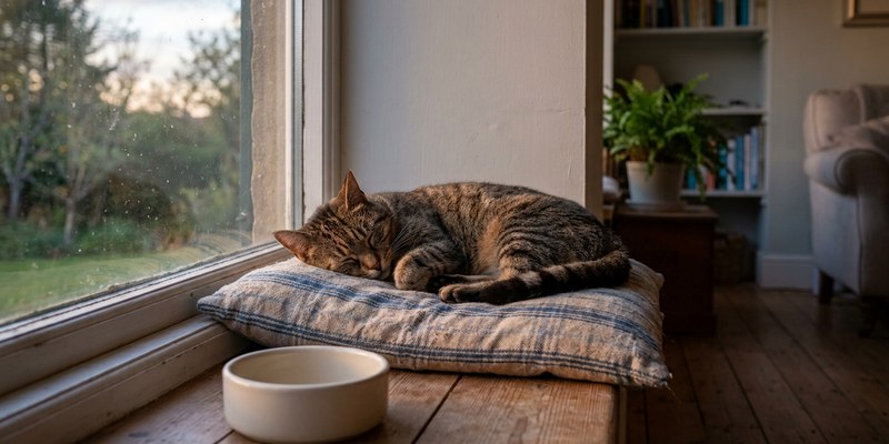 Gato gris acurrucado en un sofá de noche con un reloj de pared desenfocado detrás