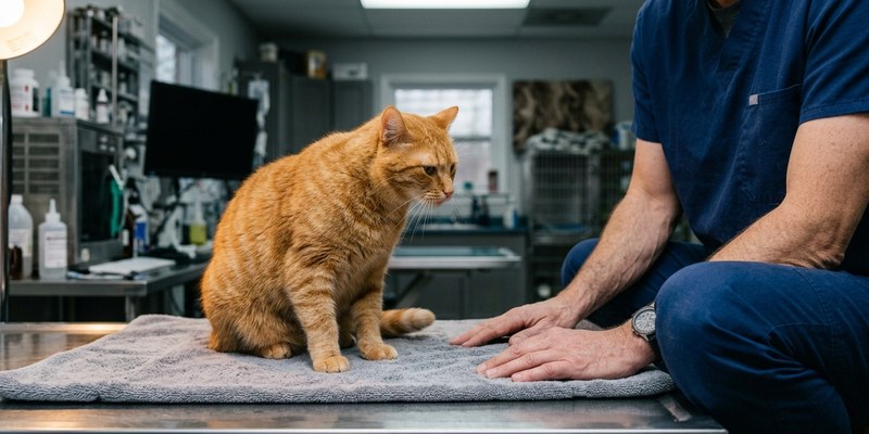 Profesional auscultando con un fonendoscopio a un gatito de pie sobre una toalla doblada