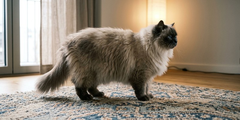 Gato sacudiendo la cabeza con las orejas en movimiento sobre una alfombra del salón
