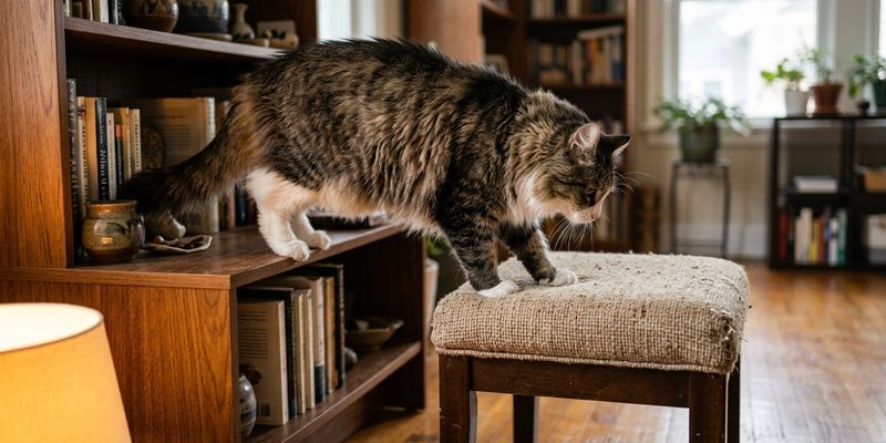 Gato mayor de pelo largo bajando con cuidado de una balda a un taburete acolchado