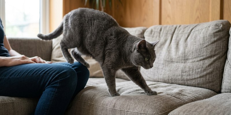 cat stepping off lap