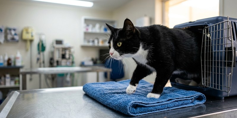 Gato blanco y negro saliendo solo de su transportín a una toalla azul doblada