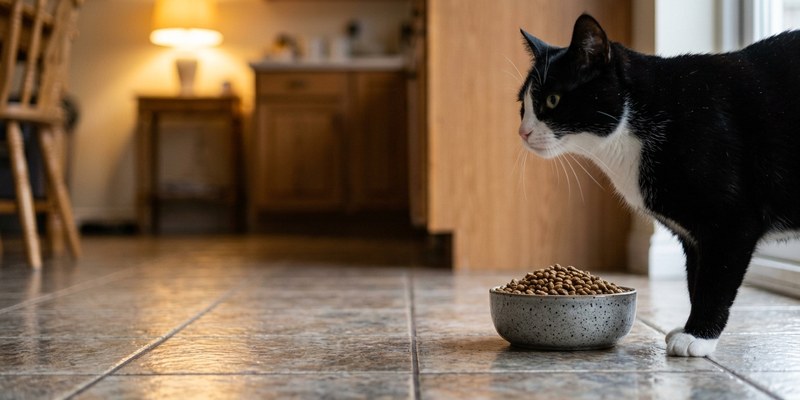 Gato blanco y negro apartando la cabeza de un cuenco lleno de pienso seco