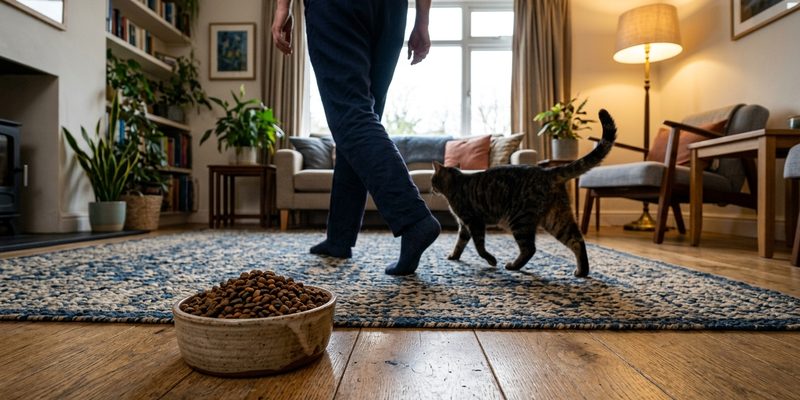 cat walking behind person