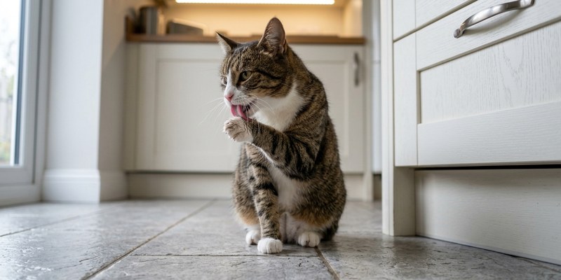 Gato sentado en el suelo de la cocina lamiéndose una pata para lavarse la cara
