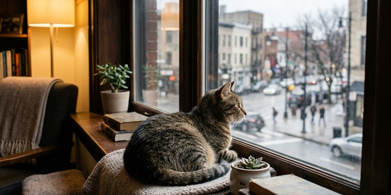 Gato tumbado en un alféizar ancho mirando la calle tras el cristal cerrado