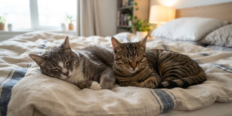 two cats resting on