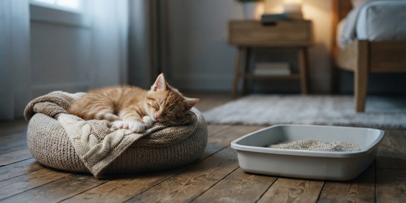 kitten asleep on blanket