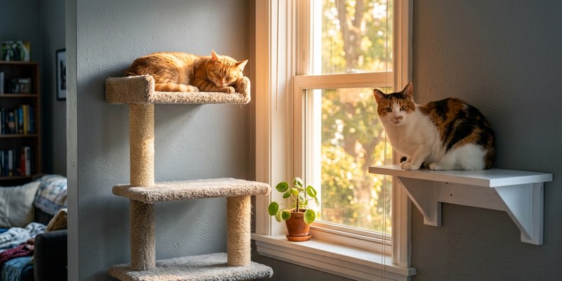Rascador alto y una balda junto a la ventana con un gato en cada nivel